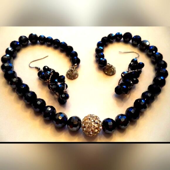 STUNNING RHINESTONE GLASS BEAD 19.5" NECKLACE 2 3/4" EARRING SET EUC - Picture 1 of 4